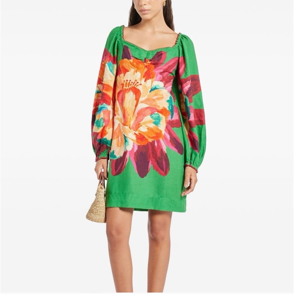 New with Tags, FARM Rio Green Long-Sleeve Floral Mini Dress Size Medium
